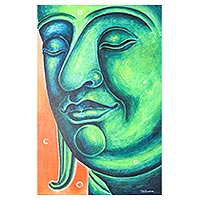 'Peaceful Jade' - Signed Expressionist Painting of Buddha in Green