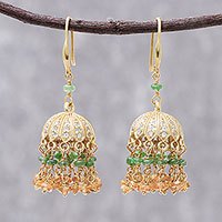Gold plated tsavorite and sapphire chandelier earrings,