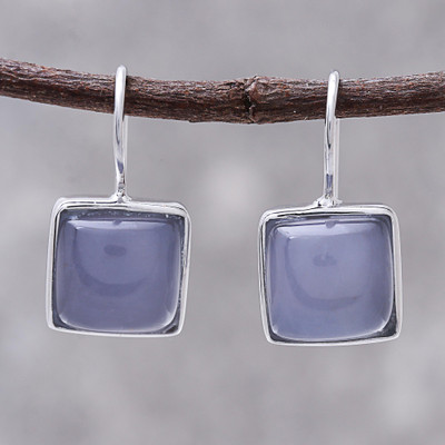 Rhodium plated chalcedony drop earrings, Gleaming Squares