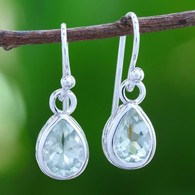 Rhodium plated prasiolite dangle earrings, Glistening Dewdrops
