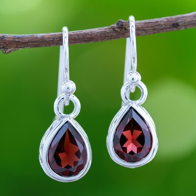 Rhodium plated garnet dangle earrings, Glistening Dewdrops