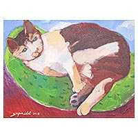 'Chilling' - Signed Naif Painting of a Lying Cat from Thailand
