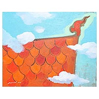 'Thai Roof II' - Signed Naif Painting of an Orange Roof from Thailand