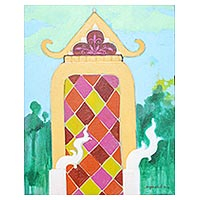 'Thai Pagoda' - Signed Colorful Naif Painting of a Pagoda from Thailand