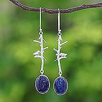 Lapis lazuli dangle earrings, 'Bird on a Branch' - Nature-Themed Lapis Lazuli Dangle Earrings from Thailand