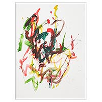Elephant painting, 'Love Fireworks' - Colorful Abstract Painting by a Thai Elephant Artist