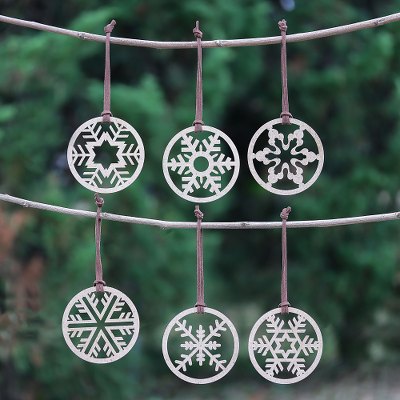 Wood ornaments, 'Let it Snow' (set of 6) - Set of 6 Handmade Wood Snowflake Ornaments from Thailand