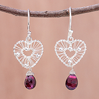 Garnet dangle earrings, 'Web of Love' - Heart-Shaped Faceted Garnet Dangle Earrings from Thailand