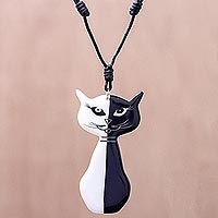 Ceramic pendant necklace, 'Black and White Cat'