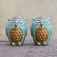 Celadon ceramic salt and pepper shakers, 'Calm Owls in Green' (pair) - Celadon Ceramic Owl Salt and Pepper Shakers (Pair)