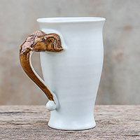 Ceramic mug, 'Elephant Handle in White' - Elephant-Themed Ceramic Mug in White from Thailand