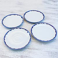 Ceramic plates, 'Wave Edge' (set of 4) - Blue and White Ceramic Plates from Thailand (Set of 4)