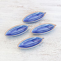 Ceramic serving bowls, 'Festive Banana' (set of 4) - Leaf-Shaped Blue Ceramic Appetizer Bowls (Set of 4)