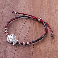 Silver pendant bracelet, 'Red and Black Fishing Time' - Red and Black Silver Fish Pendant Bracelet from Thailand