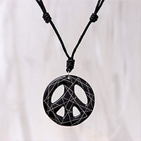 Ceramic pendant necklace, 'Bring Peace in Black' - Hand-Painted Ceramic Peace Necklace in Black from Thailand