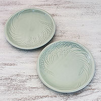 Celadon ceramic plates, 'Thai Rice' (pair) - Celadon Ceramic Plates from Thailand (Pair)