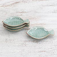 Ceramic appetizer dishes, 'Spotted Swimmers' (set of 4) - Handcrafted Celadon Ceramic Fish Appetizer Dishes (Set of 4)