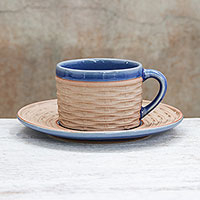Ceramic cup and saucer, 'Wicker in Blue' - Handcrafted Wicker Motif Blue Ceramic Cup and Saucer