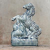 Ceramic sculpture, 'Lucky Horse' - Crackled Blue Ceramic Horse Sculpture from Thailand