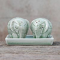 Celadon ceramic salt and pepper shaker set, 'Elephant Taste' (3 pieces) - Floral Elephant Celadon Ceramic Salt and Pepper Shaker Set