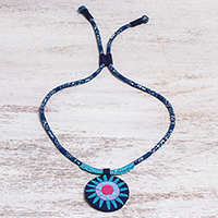 Cotton pendant necklace, 'Blue Hmong Sun Medallion' - Handcrafted Cotton Pendant Necklace in Blue from Thailand