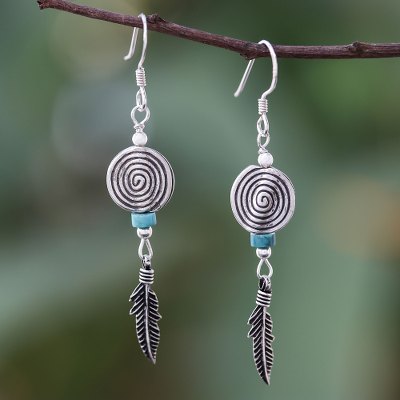 Silver dangle earrings, Spiral Feathers