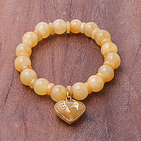 Gold accented quartz beaded stretch bracelet, 'Purest Heart in Yellow' - Gold Accented Quartz Beaded Heart Bracelet in Yellow