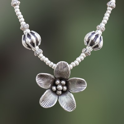 Silver beaded pendant necklace, Blooming Tropics