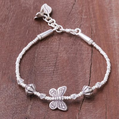 Silver beaded pendant bracelet, Butterfly Karen