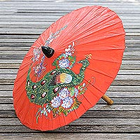 Paper parasol, 'Sunny Peacock in Flame' - Peacock Motif Paper Parasol in Flame from Thailand