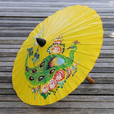 Paper parasol, 'Sunny Peacock in Daffodil' - Peacock Motif Paper Parasol in Daffodil from Thailand