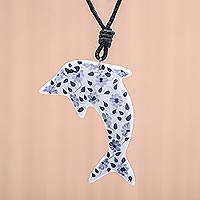 Ceramic pendant necklace, 'Blue Flower Dolphin' - Ceramic Dolphin Necklace with Painted Blue Floral Motifs