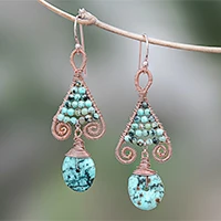 Gold accented copper and reconstituted turquoise beaded dangle earrings