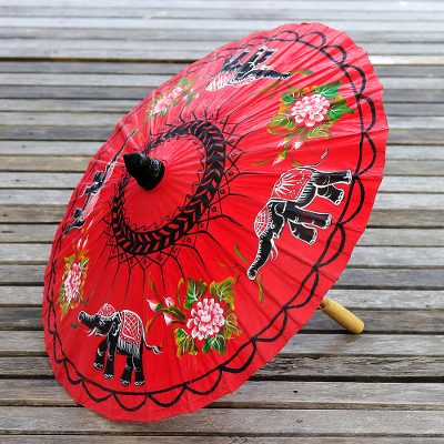 Paper parasol, 'Elephant Parade in Crimson' - Elephant Motif Paper Parasol in Crimson from Thailand