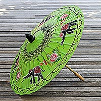 Paper parasol, 'Elephant Parade in Lime' - Elephant Motif Paper Parasol in Lime from Thailand