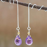 Gold accented amethyst threader earrings, 'Sublime Water Lily' - Gold Accented Amethyst Threader Earrings from Thailand