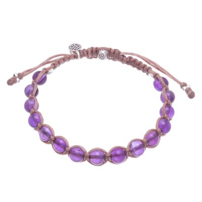 Amethyst beaded macrame bracelet, 'Om Belief' - Amethyst Om Beaded Macrame Bracelet from Thailand