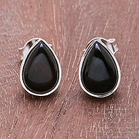 Onyx stud earrings, 'Droplet Gleam in Black' - Drop-Shaped Black Onyx Stud Earrings from Thailand