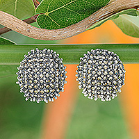 Sterling silver button earrings, 'Glittering Night' - Combination-Finish Sterling Silver Button Earrings