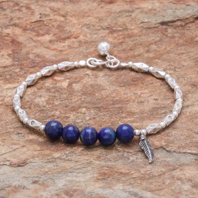 Lapis lazuli beaded bracelet, 'Ringing Feather' - Hill Tribe Lapis Lazuli Beaded Bracelet from Thailand