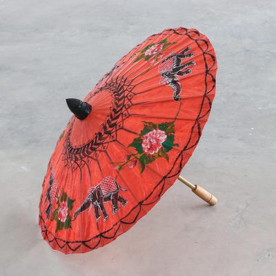 Paper parasol, 'Elephant Parade in Scarlet' - Elephant Motif Paper Parasol in Scarlet from Thailand