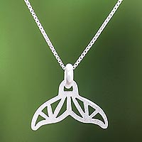 Sterling silver pendant necklace, 'Geometric Whale Tail' - Brushed-Satin Sterling Silver Whale Tail Pendant Necklace