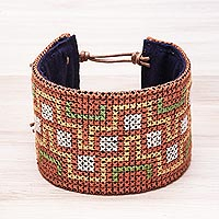 Cotton wristband bracelet, 'Hmong Maze' - Hmong Cross Stitched Cotton Wristband Bracelet from Thailand