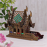Wood spirit house, 'Lanna Temple' (11.5 inch) - Wood and Glass Spirit House Crafted in Thailand (11.5 in.)