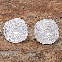Sterling silver button earrings, 'Layered Planet' - Modern Abstract Sterling Silver Button Earrings