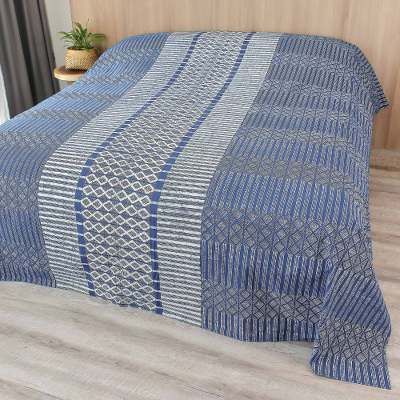 Cotton batik bedspread, 'Dramatic Pathways' (queen) - Handcrafted Indigo Geometric Batik Cotton Queen Bedspread