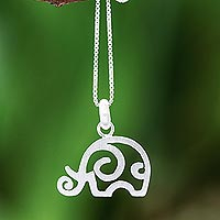Sterling silver pendant necklace, 'Curled Ear' - Curly Sterling Silver Elephant Pendant Necklace