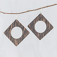 Wood dangle earrings, 'Dark Brown Natural Creativity' - Square Dark Lontar Wood Dangle Earrings from Thailand