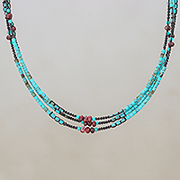 Multi-gemstone beaded strand necklace, 'Bohemian Ocean' - Jasper and Reconstituted Turquoise Beaded Strand Necklace