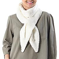 Cotton scarf, 'Ascot Charm in Eggshell' - Knit Cotton Wrap Scarf in Eggshell from Thailand